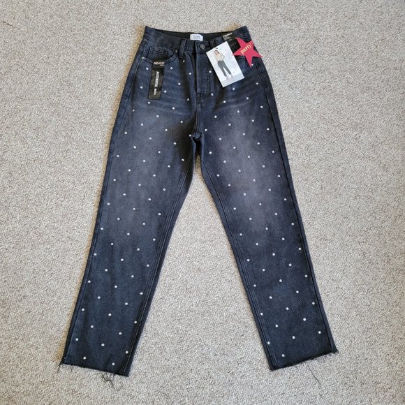 NWT Simple Society Juniors Rhinestone High Waist Raw Hem Straight Leg Jeans - Picture 1 of 16